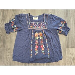 Savanna Jane Top Womens Small Embroidered Blouse Blue BOHO